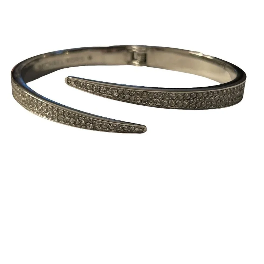 Michael Kors‎ Open Silver Plated Matchstick Hinge Bangle Bracelet Rhinestone